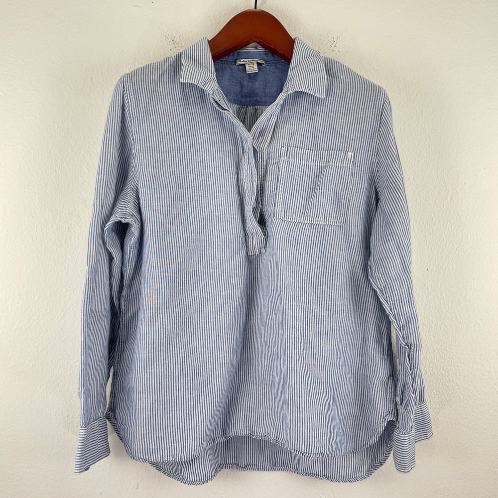 Coastal Riviera Hamptons Blue White Striped Linen Cotton Blend Popover Blouse XL